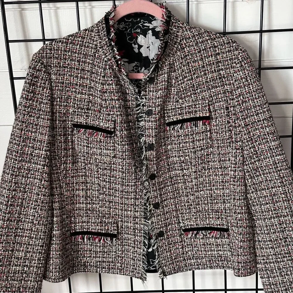 VTG Bay Studio Tweed Fringe Blazer Womens‎ 12 Multicolor Reversible